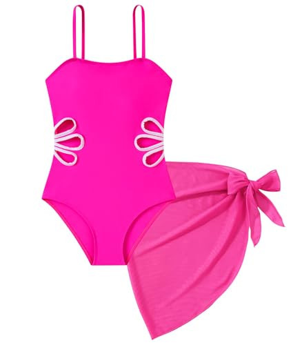 Cuddomper Girls Swimsuit Hot Pink Cut Out One Piece Bathing Suit Adjustable Straps Swimwear with Cover Up Skirt Vacation Beach Size 11-12 | Amazon (US)