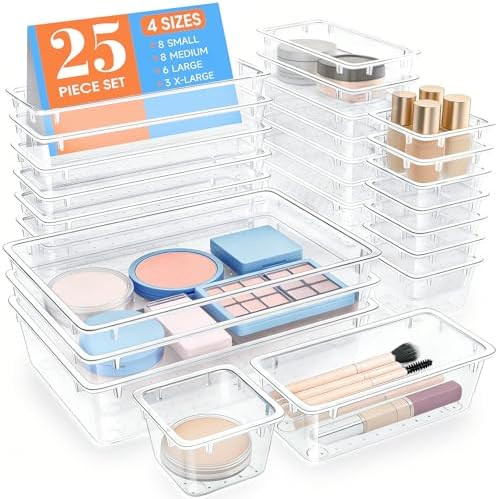 WOWBOX 25 PCS Clear Plastic Drawer Organizer Set, 4 Sizes Desk Drawer Divider Organizers and Stor... | Amazon (US)