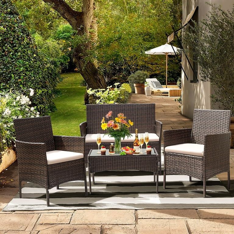 Lacoo 4 Pieces Patio Conversation Set Outdoor PE Rattan Wicker Chairs Set and Table, Brown | Walmart (US)
