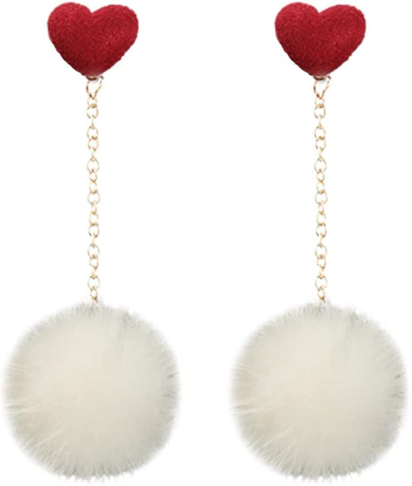 Heart Pom Pom Earrings for Women Colorful Faux Fur Fluffy Pom Earrings Long Chain Soft Pom Ball T... | Amazon (US)