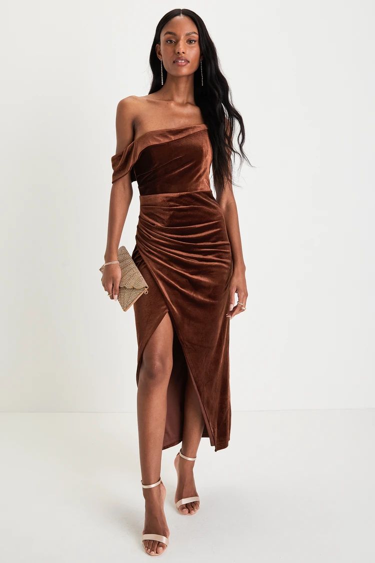 Showing Off a Little Brown Velvet Asymmetrical Tulip Midi Dress | Lulus