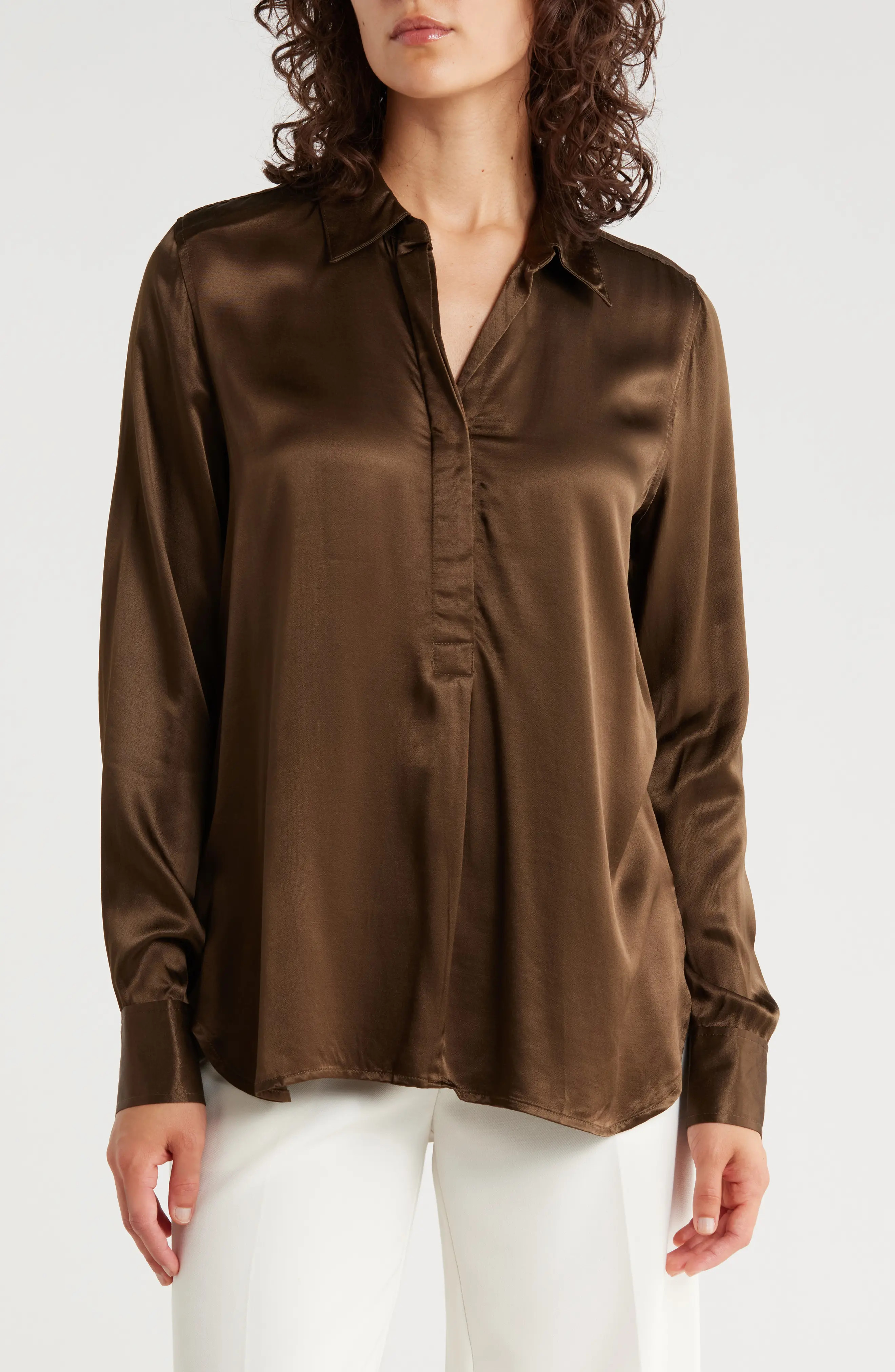ELIE ELIE TAHARI Long Sleeve Satin Button-Up Shirt in Champagne at Nordstrom Rack, Size Medium | Nordstrom Rack