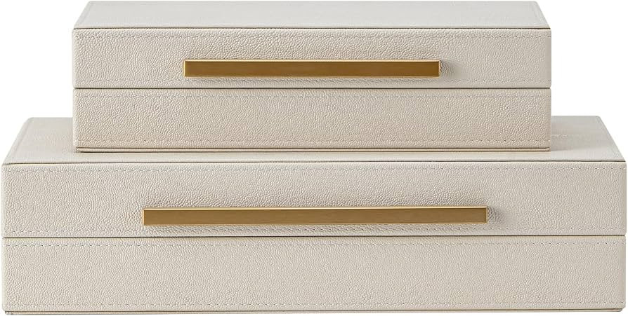 Set of 2 Beige Shagreen Decorative Storage Boxes with Gold Metal Handles \u2013 Faux Leather Jewe... | Amazon (US)