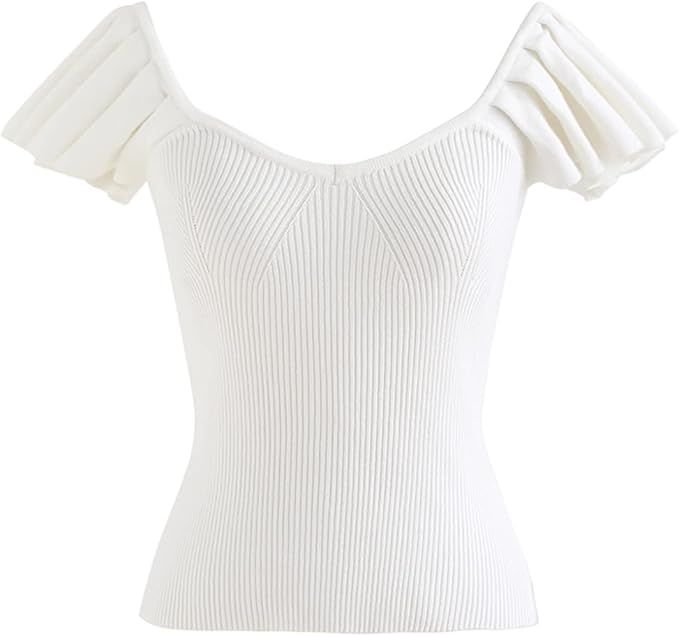 CHICWISH Women's Comfy Casual Black/White/Coral Flutter Sleeve Fitted Ribbed Knit Top | Amazon (US)