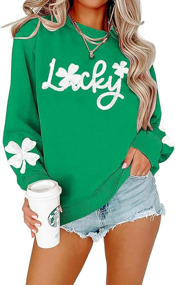 FAYALEQ Women St Patrick's Day Sweatshirt Sequin Shamrock Pullover Irish Sweatshirt Crewneck Long... | Amazon (US)