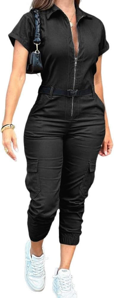 CHICME Women's Short Sleeve Jumpsuit Turn Down Collar Casual Zip Up Jumpsuits Pocket Design Cargo... | Amazon (US)