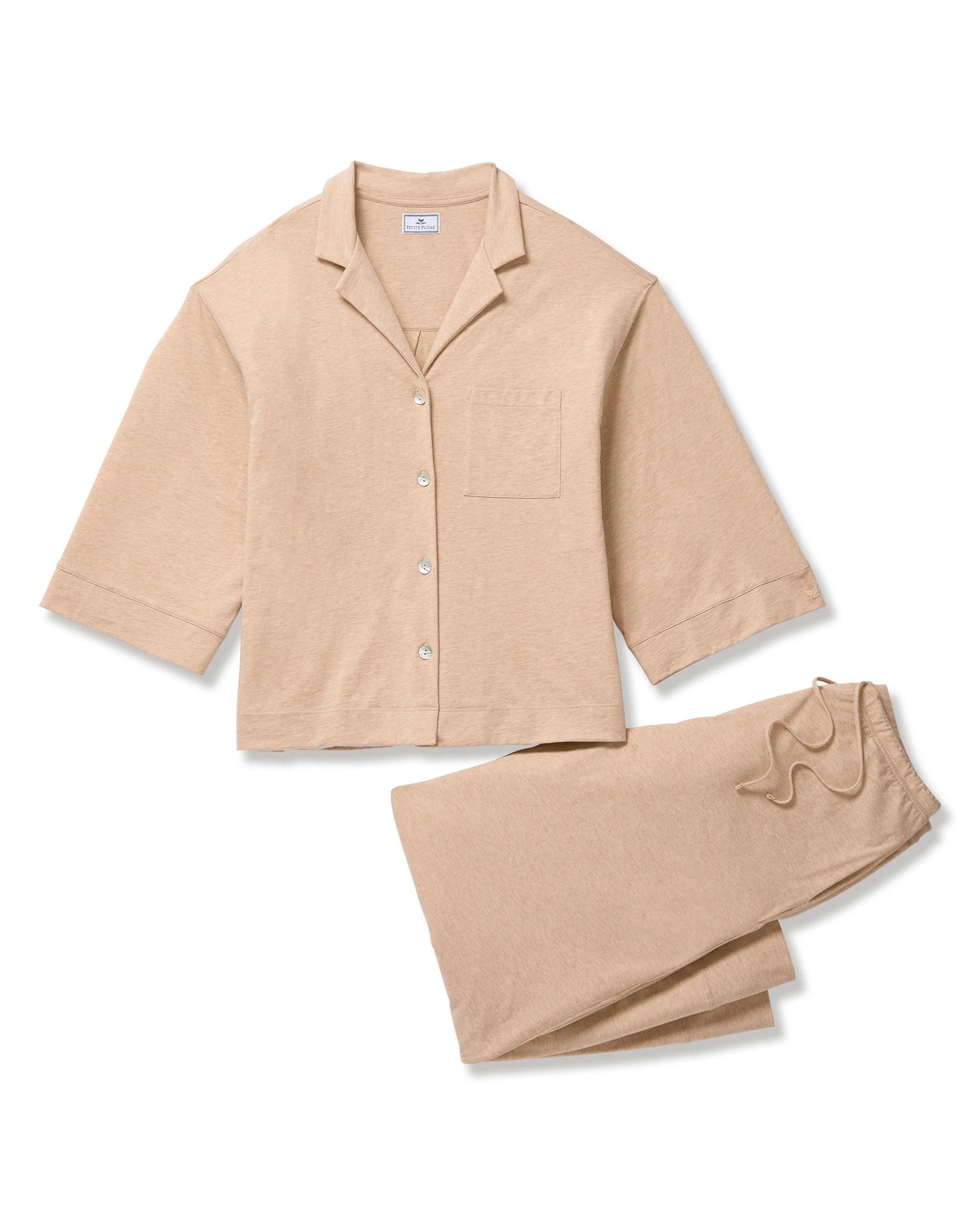 The Olivia Wide Leg Pima Pajama Set in Camel | Petite Plume