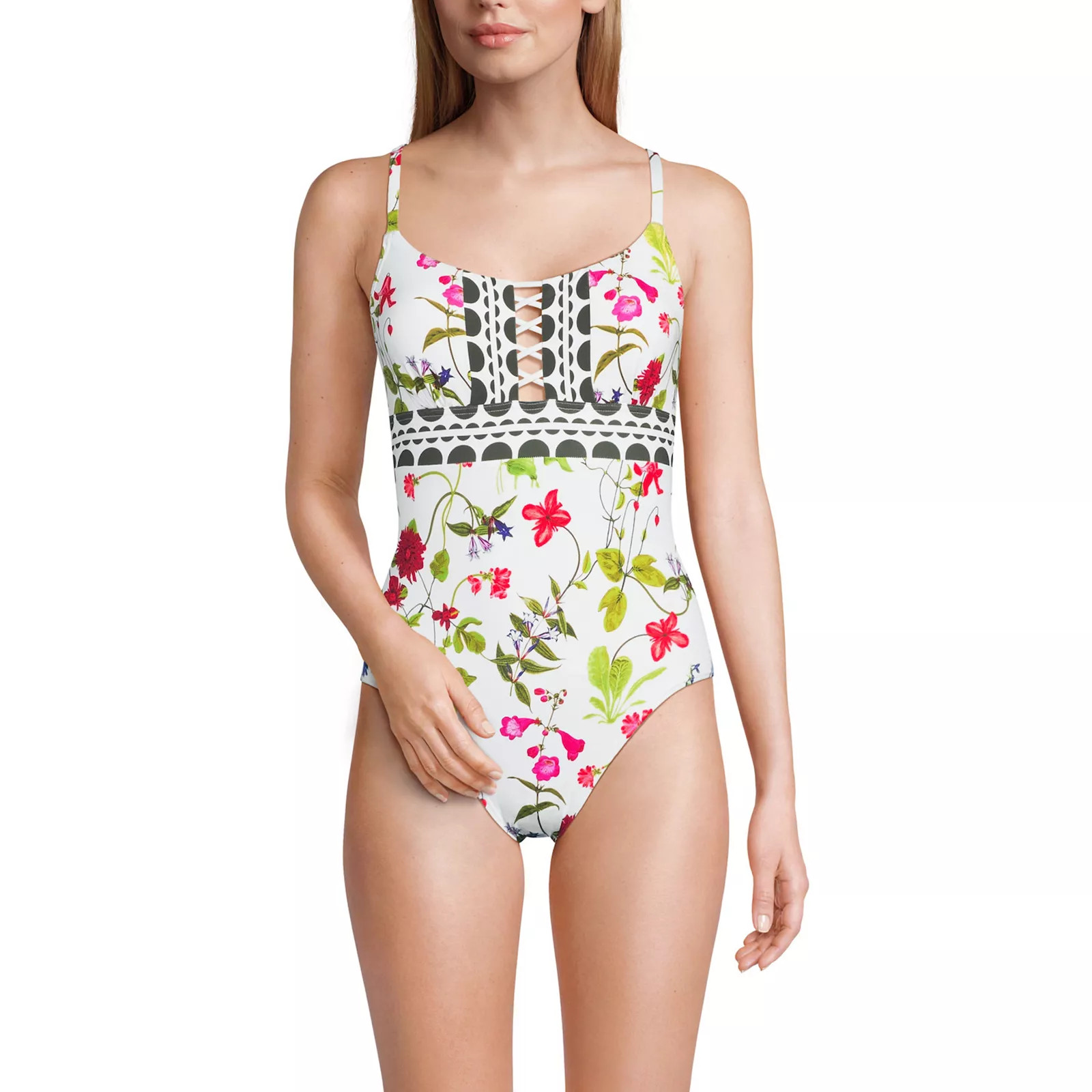 Women's Lands' End Front Lace-Up Scoopneck One-Piece Swimsuit, Size: 14, White Garden Floral | Kohl's