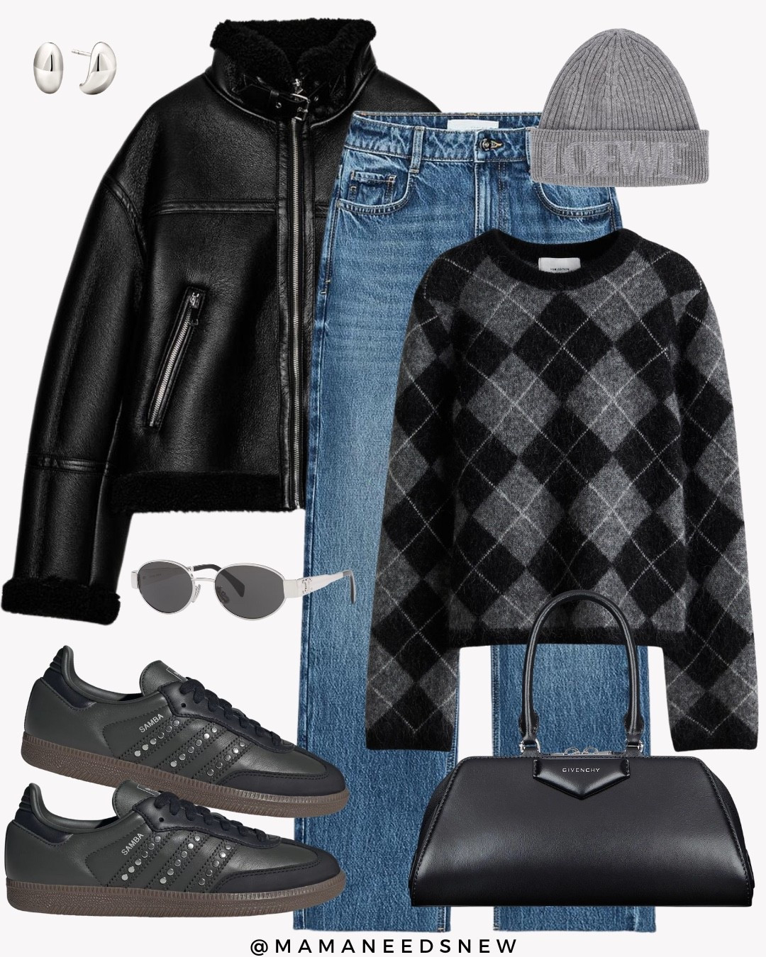 A fall outfit with a faux leather jacket, argyle sweater, jeans, beanie hat, shoulder bag & sneakers 

#LTKSaleAlert #LTKStyleTip #LTKShoeCrush