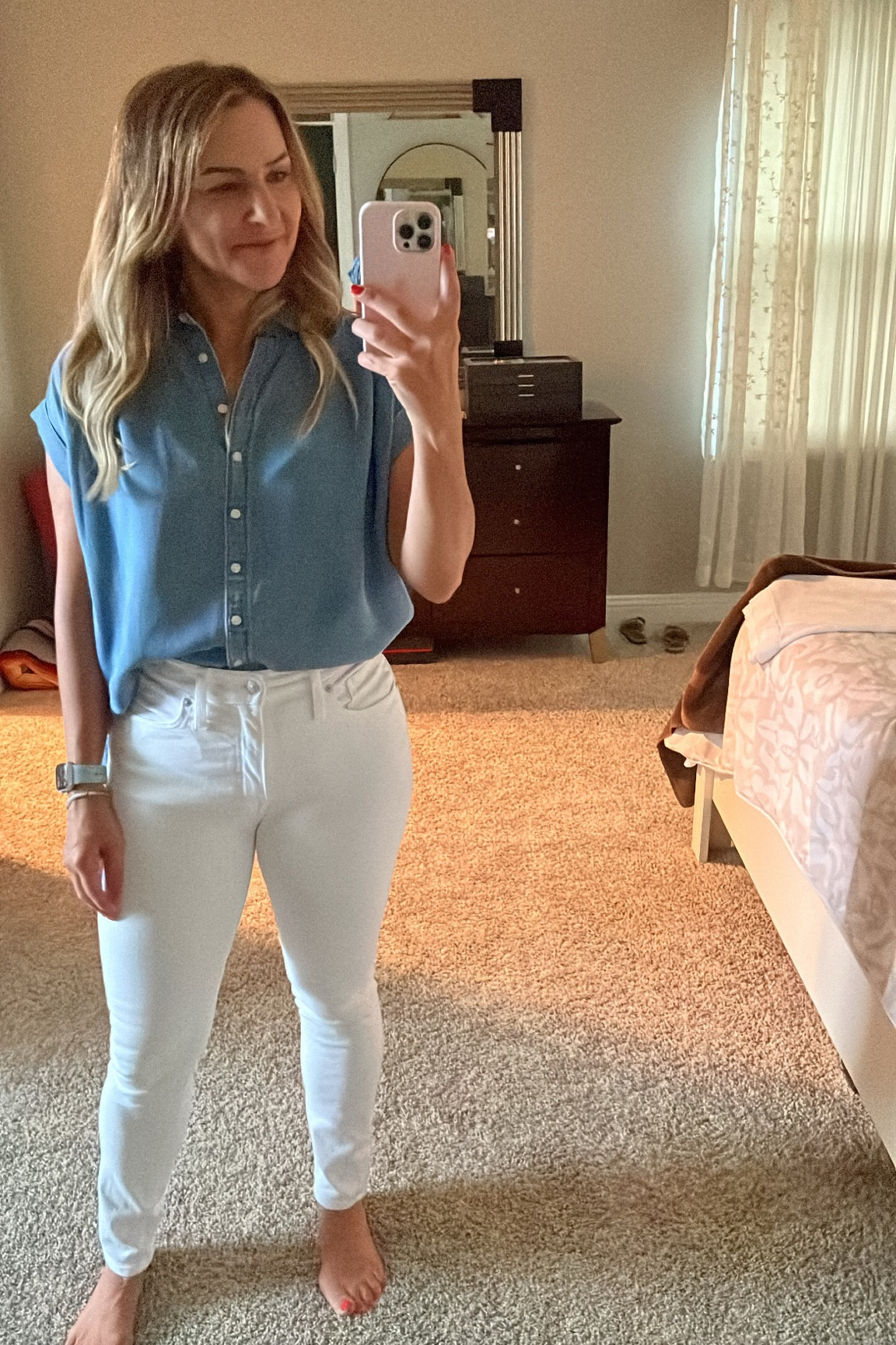 Relaxed summer vibes with these white jeans and chambray short sleeve blouse. Perfect for casual office wear or lunch with friends  

#LTKworkwear #LTKSeasonal