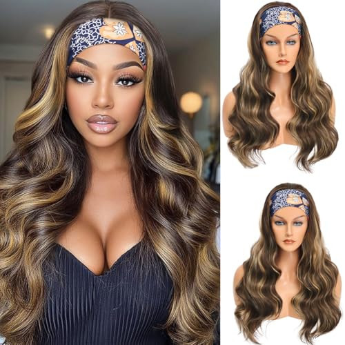 Honey Blonde Highlight Headband Wig Ombre Brown Body Wave Headband Wigs for Black Women Brown Mix Blonde Colored Long Wavy Wig with Headband 26 Inch F4/27 | Amazon (US)