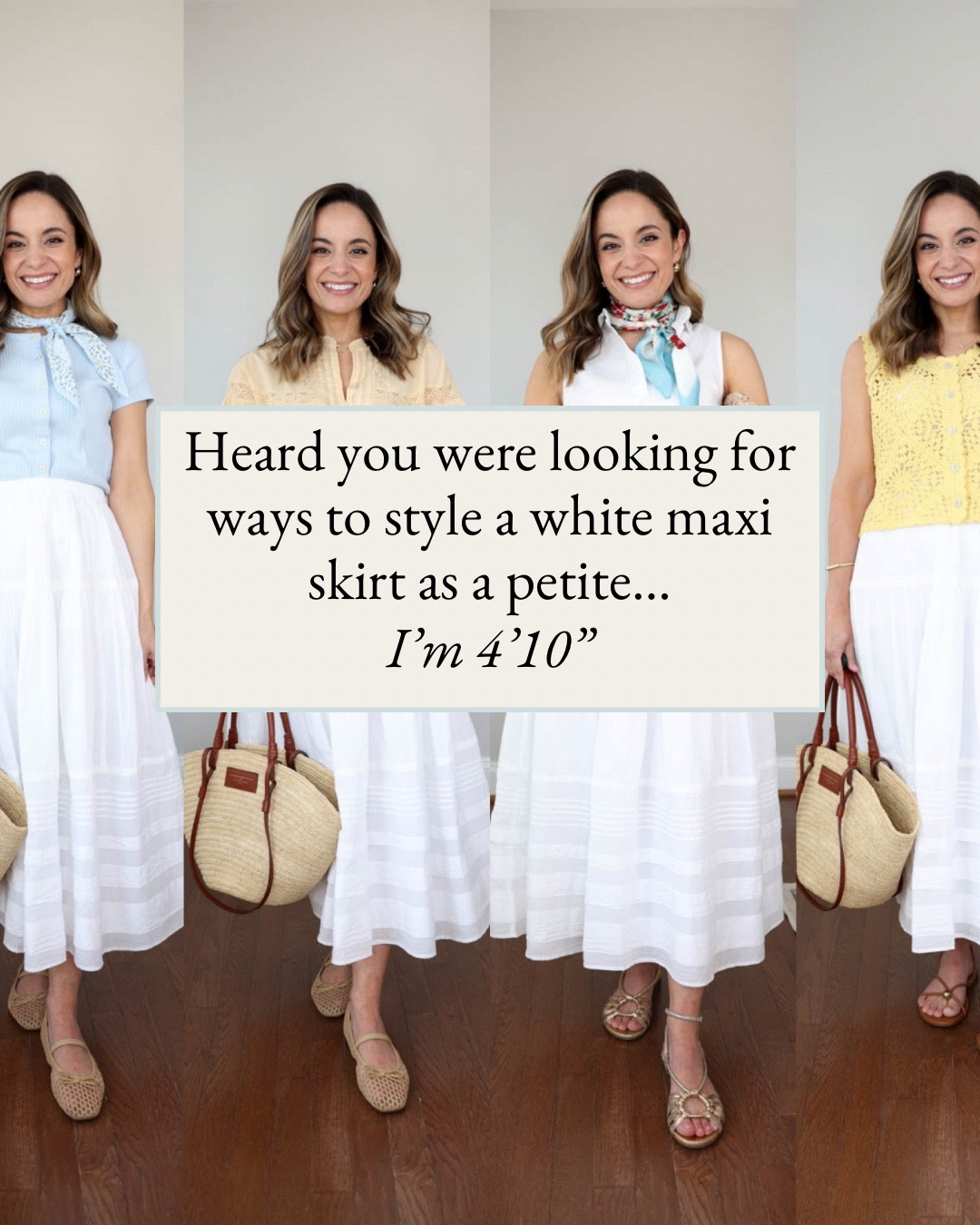 If you're looking for a few ideas for styling a white cotton maxi skirt, here are four. 

Skirt (Abercrombie): Petite XXS
Crochet Vest (Kohl's): Petite XS
Camisole (Kohl's):Small
Sandals (Dolce Vita): True to size
White Sleeveless Top (J.Crew Factory): XXS
Scarf (J.Crew)
Gold Sandals (Sezane)
Ballet Flats (J.Crew Factory): True to size
Yellow Top (LOFT): Petite XXS
Blue Top (Old Navy): Petite XS
Blue scarf (Old Navy)

My sizing for reference: I'm 4'10" and weigh 105lbs. My measurements are 32", 24", 36". I have a 25" ankle inseam and typically wear petite xxs/00/24. 

 

#LTKPetite