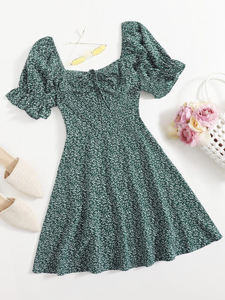 SHEIN Allover Plants Print Drawstring Front Ruffle Cuff Dress | SHEIN