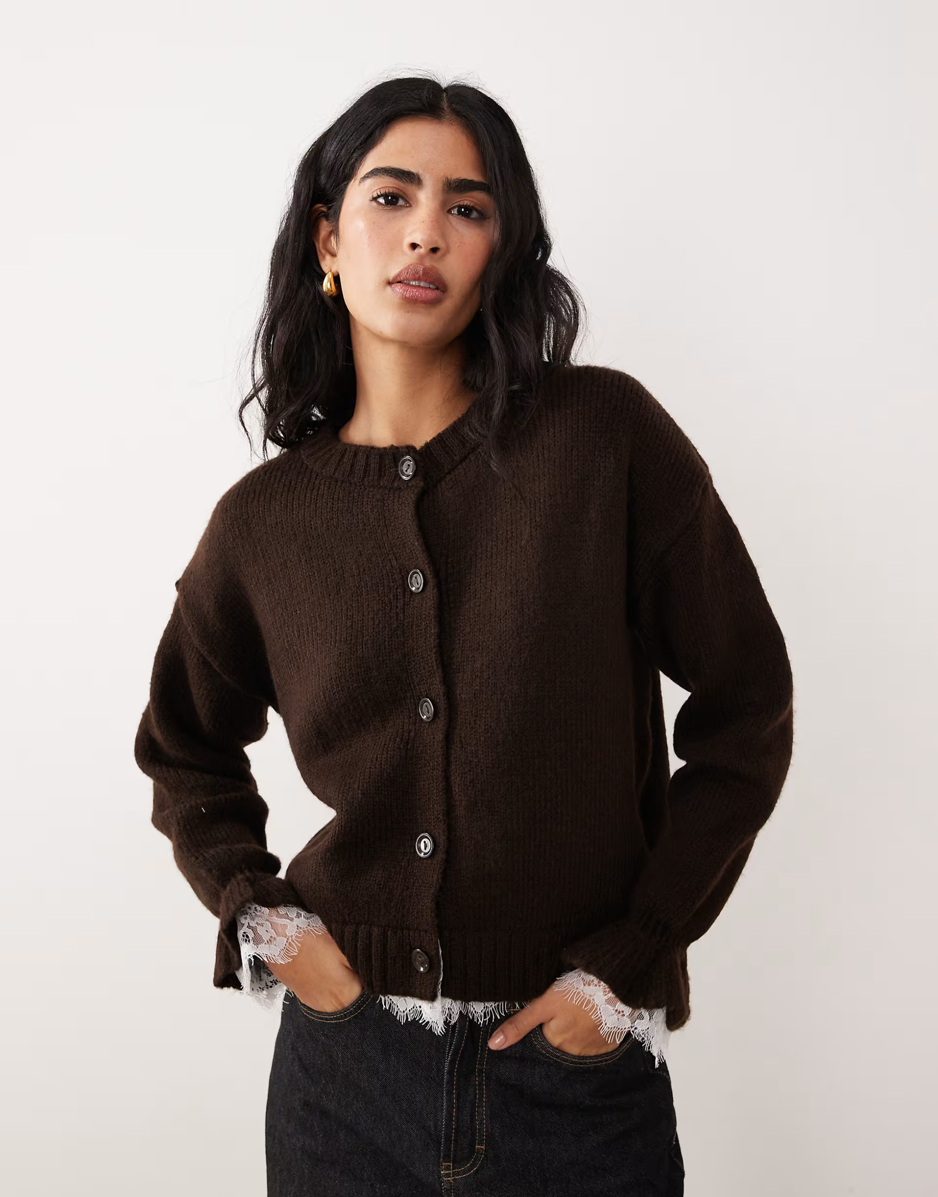 ASOS DESIGN knitted cardigan with lace inserts buttons in brown | ASOS (Global)