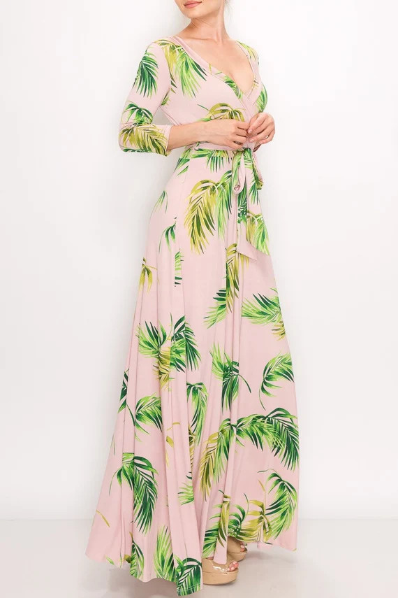 STELLA Wrap Style Dress In Powder Pink with Tropical Print | Etsy (US)