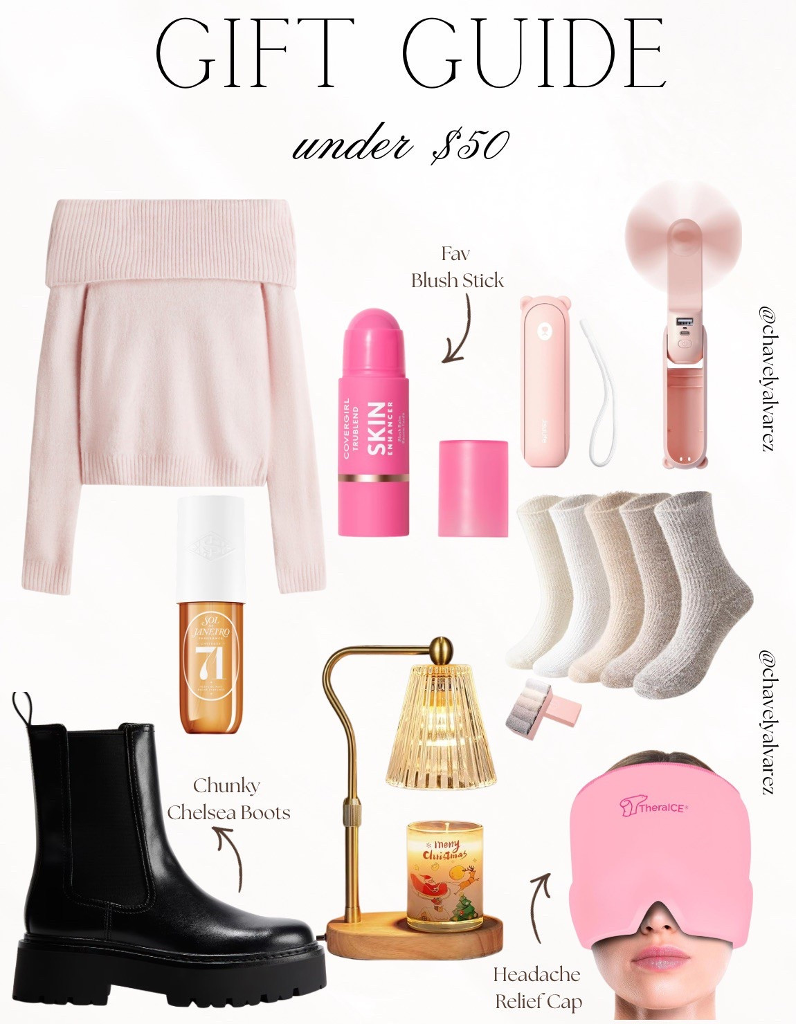 🎁 GIFT GUIDE: Must-Have Favorites Under $50! 💖

Surprise your favorites (or treat yourself!) with these chic and affordable finds! ✨

We are obsessed with this curated collection of trendy essentials that won't break the bank. Stay cozy in a soft, light pink off-the-shoulder sweater and a pair of classic chunky black Chelsea boots. Elevate your self-care routine with a viral blush stick, a refreshing body mist, and a pink headache relief cap for ultimate relaxation. Complete the perfect gift set with a neutral multi-pack of cozy socks, a portable pink hand fan, and an elegant gold candle warmer lamp to set the holiday mood!

#GiftGuide
#GiftsUnder50
#AffordableLuxury
#HolidayGifts
#SelfCareEssentials
#PinkAesthetic
#ChelseaBoots
#WinterStyle
#CozyVibes
#BeautyFinds
#StockingStuffers
#LTKUnder50
#GiftInspo
#HomeDecor
#BudgetFriendly


#LTKGiftGuide #LTKFindsUnder50 #LTKBeauty