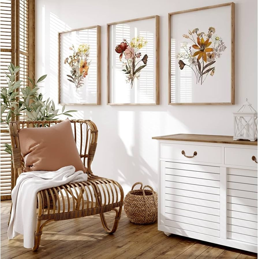 Watercolor Botanical Wall Art Print Set of 3 Vintage Floral Canvas Wall Art Yellow Wildflowers Ar... | Amazon (US)