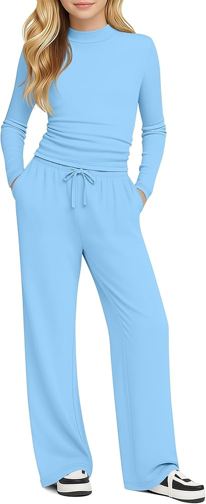 Girls' 2 Piece Outfits Lounge Set Mock Neck Long Sleeve Top Wide Leg Pant with Pocket Casual Swea... | Amazon (US)