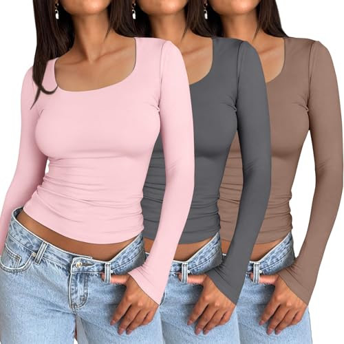 AUTOMET 3 Pack Womens Long Sleeve Shirts Fall Fashion Crop Tops Basic Layer Slim Fit Y2K Clothes Pink Grey Coffee Grey M | Amazon (US)