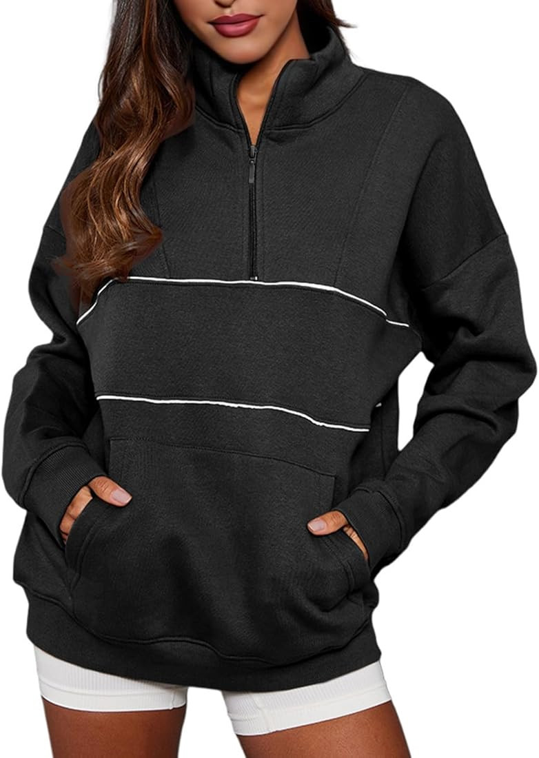 BLENCOT Women's Casual Striped Half Zip Up Drop Shoulder Sweatshirt Oversized Long Sleeve Pullove... | Amazon (US)