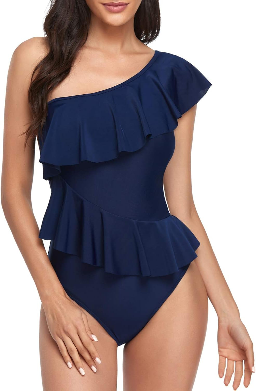 Smismivo One Piece Bathing Suit for Women with Ruffles One Shoulder Tummy Control Swimsuit Asymme... | Amazon (US)