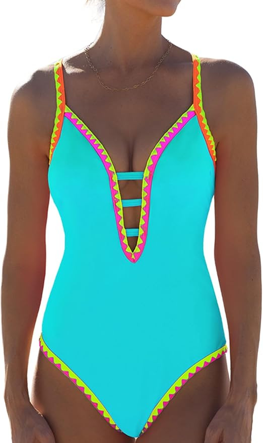 popvil Women One Piece Swimsuit Tummy Control Deep V Neck Neon Cute Bathing Suit Back Tie Swim Su... | Amazon (US)