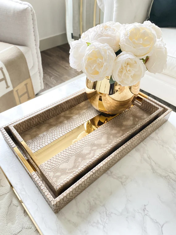 Leather and Gold Trimmed Tray, Gold Tray, Decorative Tray, Kitchen Tray, Coffee Table Tray, House... | Etsy (US)