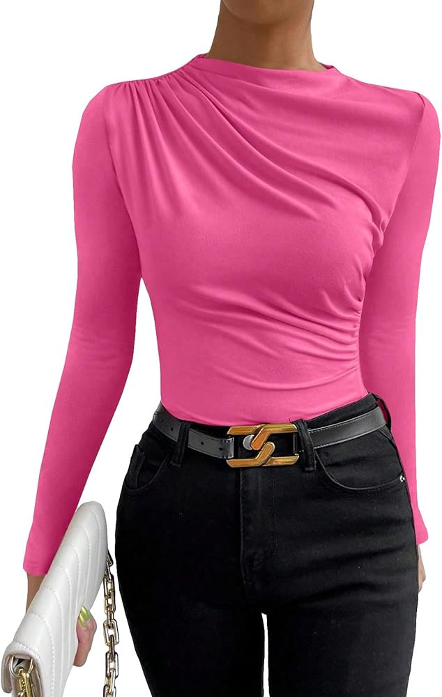 Milumia Women's Ruched Long Sleeve T-Shirts Mock Neck Slim Fitted Tee Shirt Tops | Amazon (US)