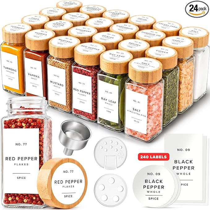 Glass Spice Jars with Label, 24x Bamboo Wooden Lids - White Labels | Airtight Lids keep spices fr... | Amazon (US)