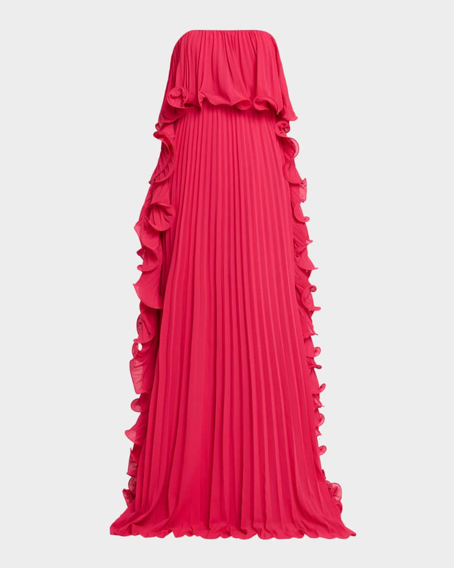 Badgley Mischka Strapless Ruffle-Trim Pleated Chiffon Gown | Neiman Marcus