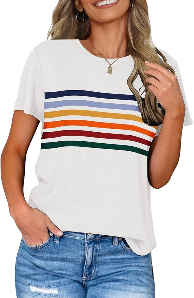 LEANI Women’s Short Sleeve T Shirts Crewneck Striped Color Block Tunic Tops Loose Casual Summer... | Amazon (US)