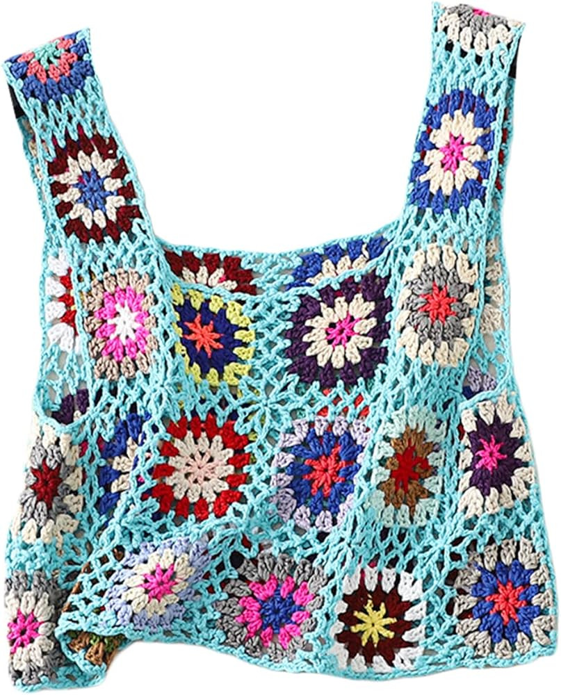 Women's Summer Crochet Tank Top Colorful Floral Embroidery Knit Vest Tops Boho Camisole Beachwear... | Amazon (US)
