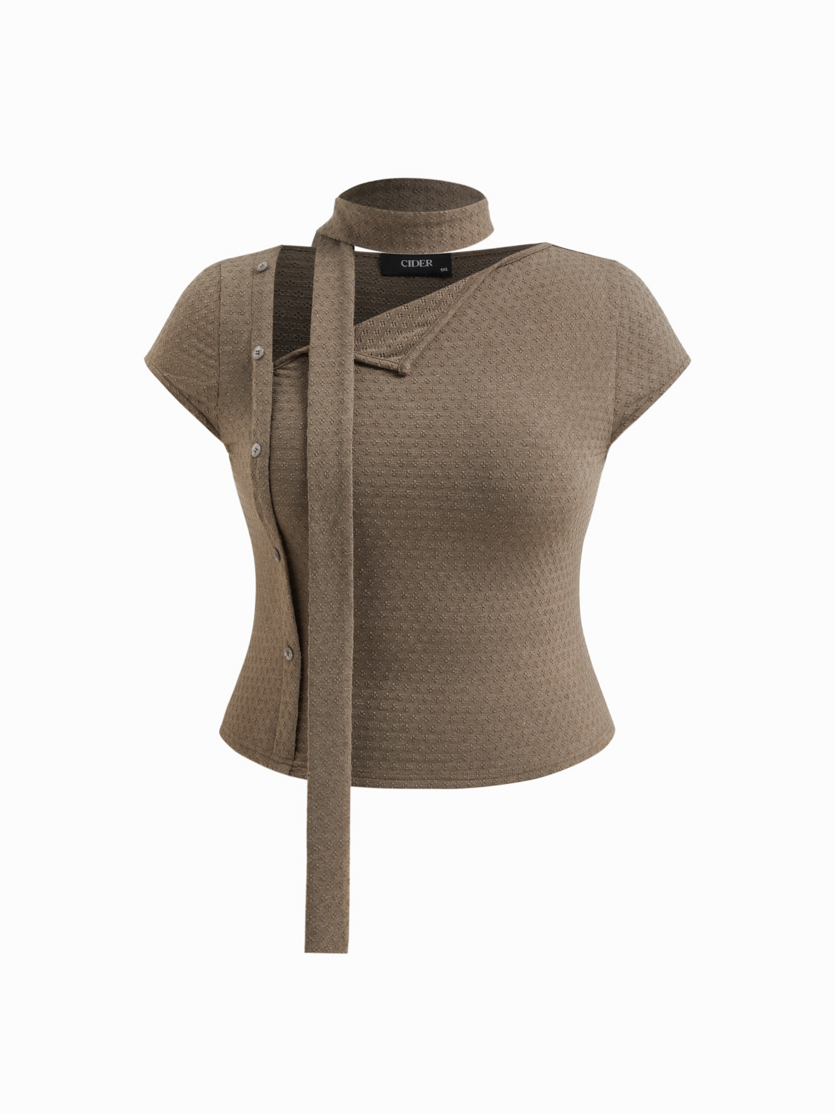 Knit Fabric Asymmetrical Neck Texture Button Up Top With Scarf Curve & Plus For Daily Casual | Cider