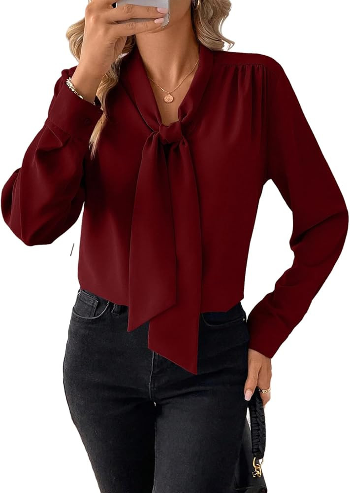 Astylish Womens Dressy Casual Blouses Bow Tie Neck Long Sleeve Elegant Business Work Shirt Tops | Amazon (US)