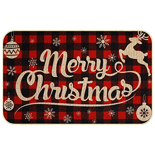 Erweicet Christmas Door Mat Merry Christmas Plaid Mat Non-Slip and Washable Winter Doormat Rubber Back Snowflakes Door Mat Rugs for Indoor Outdoor | Amazon (US)