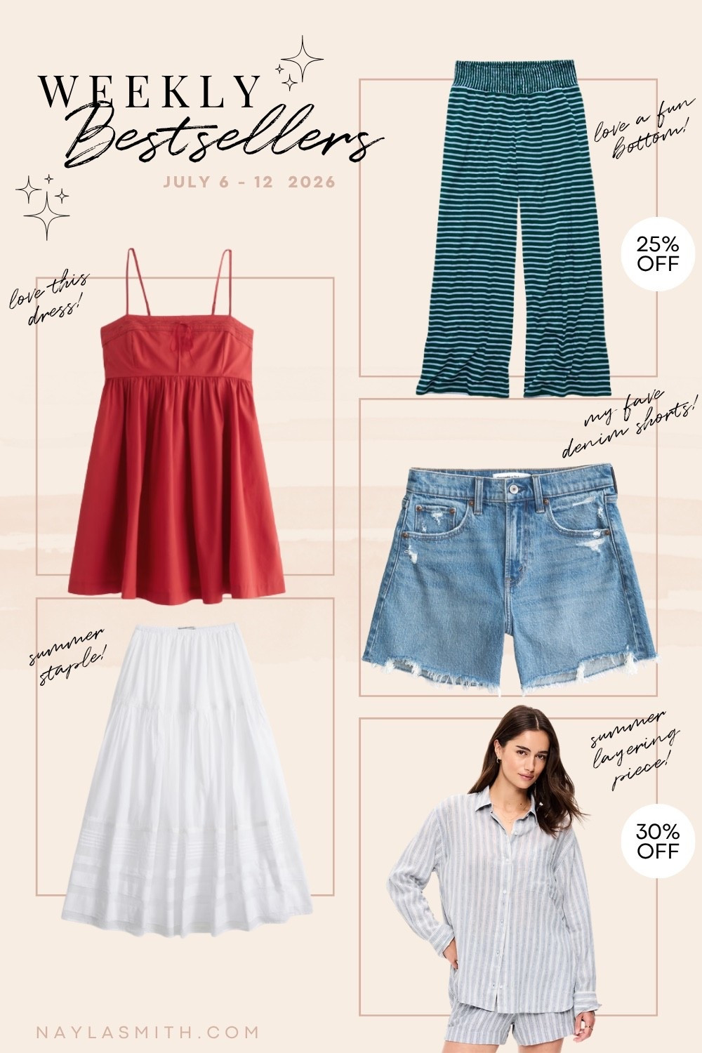 Weekly Bestsellers • red mini dress with built in shorts and pockets (I wear my usual size L), comfy striped wide leg pants (I wear L), my fave denim shorts (I sized up to 32 for a looser fit), white maxi skirt, striped linen button up shirt (Canadian link under “similar products”)

#LTKsummer #LTKsale #LTKdresses
