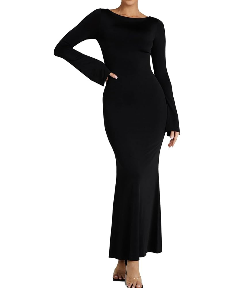 GLNEGE Women's Long Sleeve Bodycon Maxi Dress Elegant Fitted Crew Neck Lounge Dresses | Amazon (US)