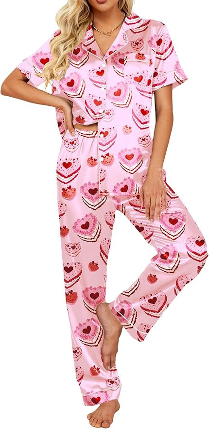 Ekouaer Silk Satin Pajamas Set Women Short Sleeve Sleepwear Soft Button Down Loungewear Pjs Set | Amazon (US)