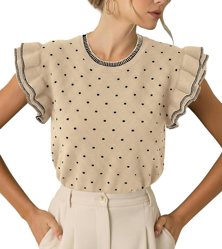 Saodimallsu Womens Ruffle Short Sleeve Sweaters Polka Dots Casual Crew Neck Flutter Sleeve Knit S... | Amazon (US)