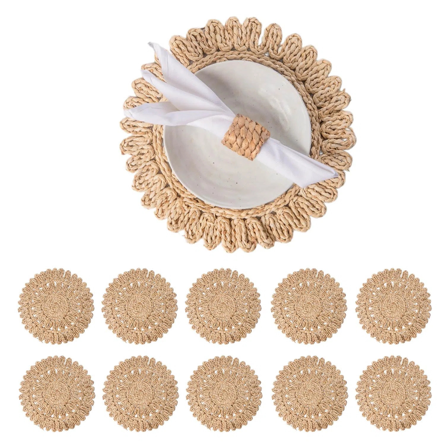 Set Of 10 Round Corn Husk Placemats | Boho Woven Rattan Placemats | Farmhouse Spring Placemats | ... | Wayfair North America