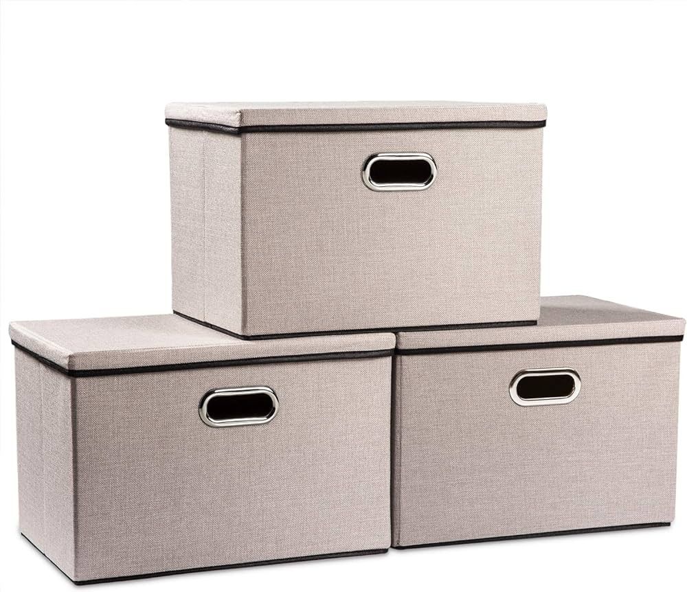 PRANDOM Large Foldable Storage Bins with Lids [3-Pack] linenFabric Decorative Storage Boxes Organ... | Amazon (US)