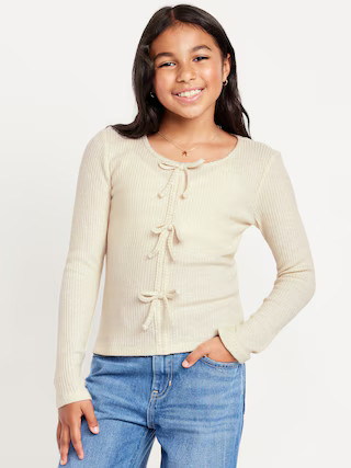 Fitted Long-Sleeve Ribbed Bow-Tie Top for Girls | Old Navy (US)