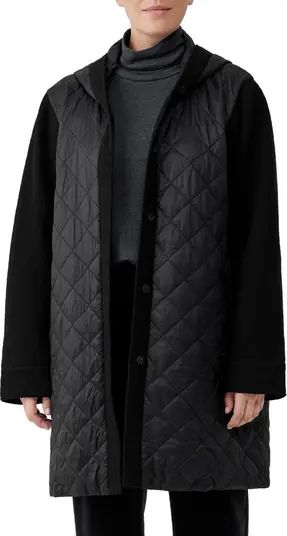 Eileen Fisher Mixed Media Quilted Nylon Hooded Jacket with Wool Sleeves | Nordstrom | Nordstrom