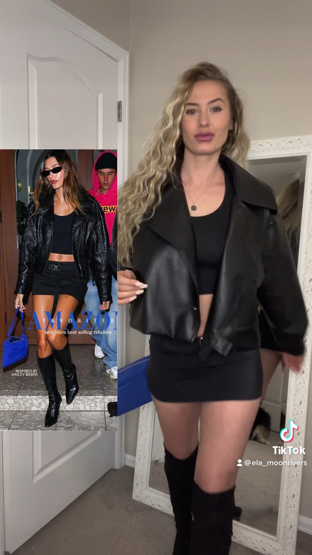 Hailey Bieber Amazon inspired outfit 

Xoxo, 
Mini skirt, leather jacket, blue bag 

#LTKstyletip #LTKunder50 #LTKFind