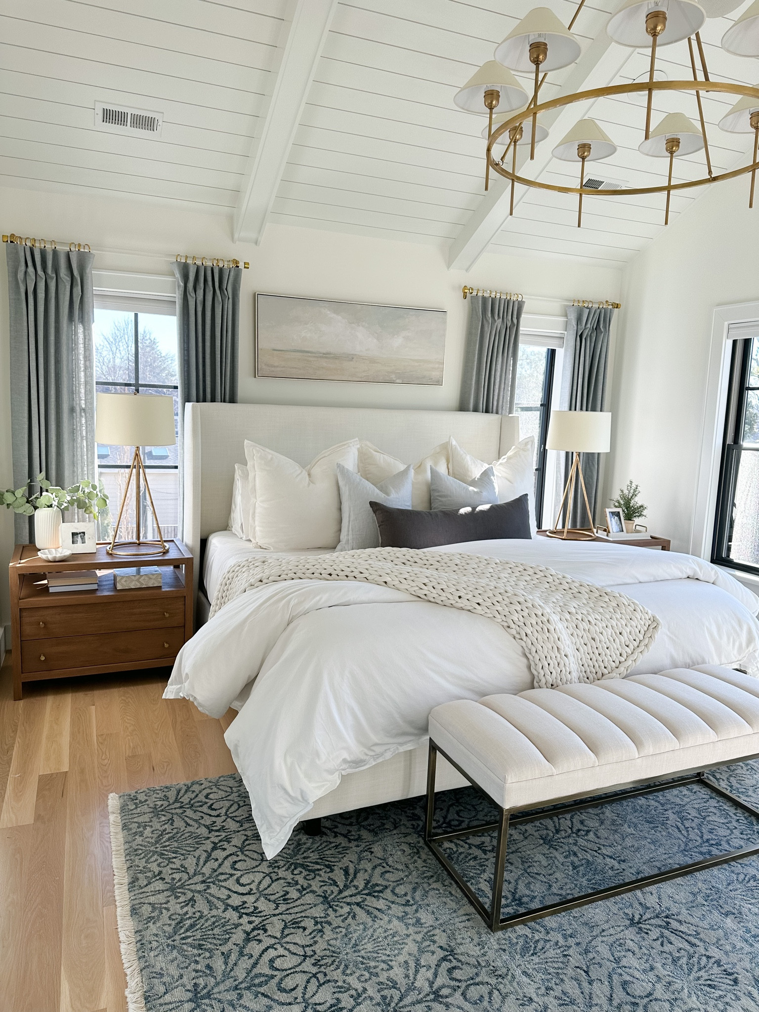 Shop our bedroom. Neutral bedroom, white organic bedding, duvet cover, weighted blanket, white bench, gold table
Lamps, vaulted ceiling chandelier, calming coastal art, above the bed art, blue linen curtains, charging nightstands with drawers. Pottery barn, Wayfair, joss and main, bearaby, crate and barrel, boll and branch, circa lighting, Ballard designs, transitional bedroom design, bedroom furniture, home decor 

#LTKhome #LTKFind #LTKstyletip