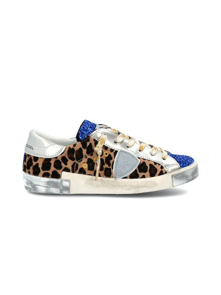 Philippe Model PRSX Low Sneaker in Leo Glitter Bluette Beige | CoatTails LLC