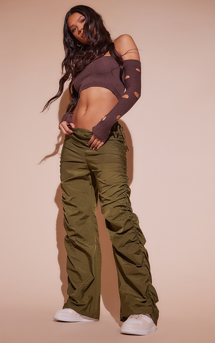 Khaki Parachute Shell Ruched Leg Pants | PrettyLittleThing US