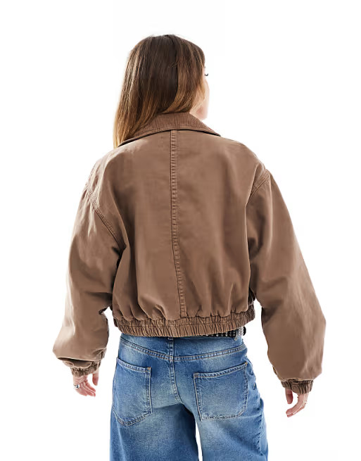 ASOS DESIGN denim bomber jacket with cord collar in brown | ASOS (Global)