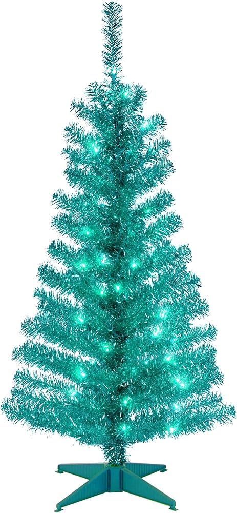 National Tree Company Pre-Lit Artificial Christmas Tree, Silver Tinsel, White Lights, Includes St... | Amazon (US)