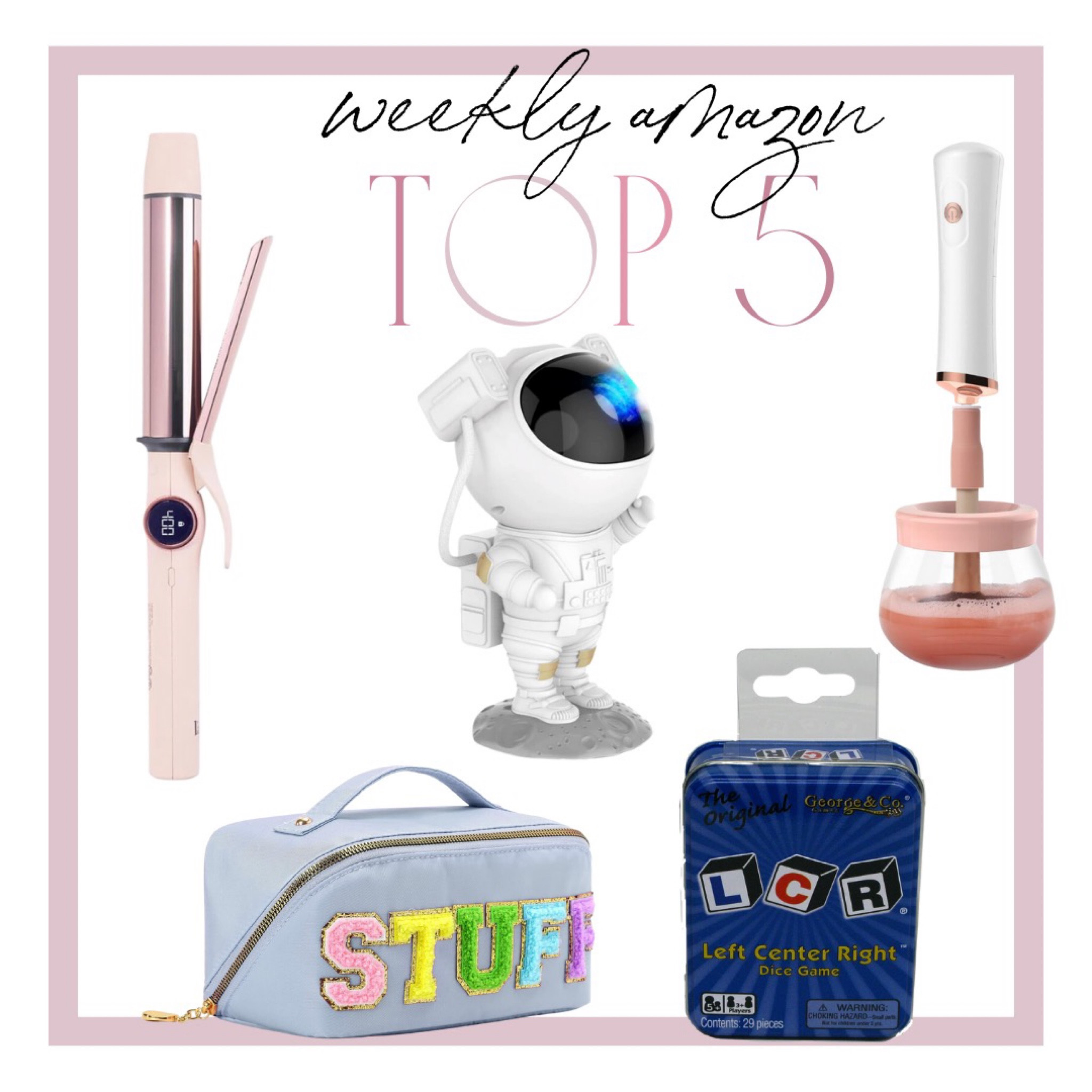 Amazon //  Top 5

1. Makeup Brush Cleaner 
2. Curling Iron 
3. Galaxy Night Light 
4. Makeup Bag 
5. Left, Right, Center game 

#LTKfindsunder50 #LTKCyberWeek #LTKsalealert